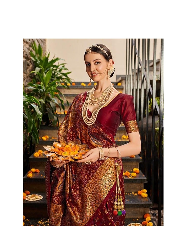 Women's Kanchipuram Silk Half and Half Woven Saree With Blouse Piece