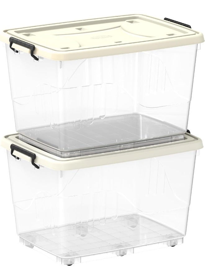 132L Clear Plastic Set of 2 Storage Box with Wheels Lockable Lid (Off White)