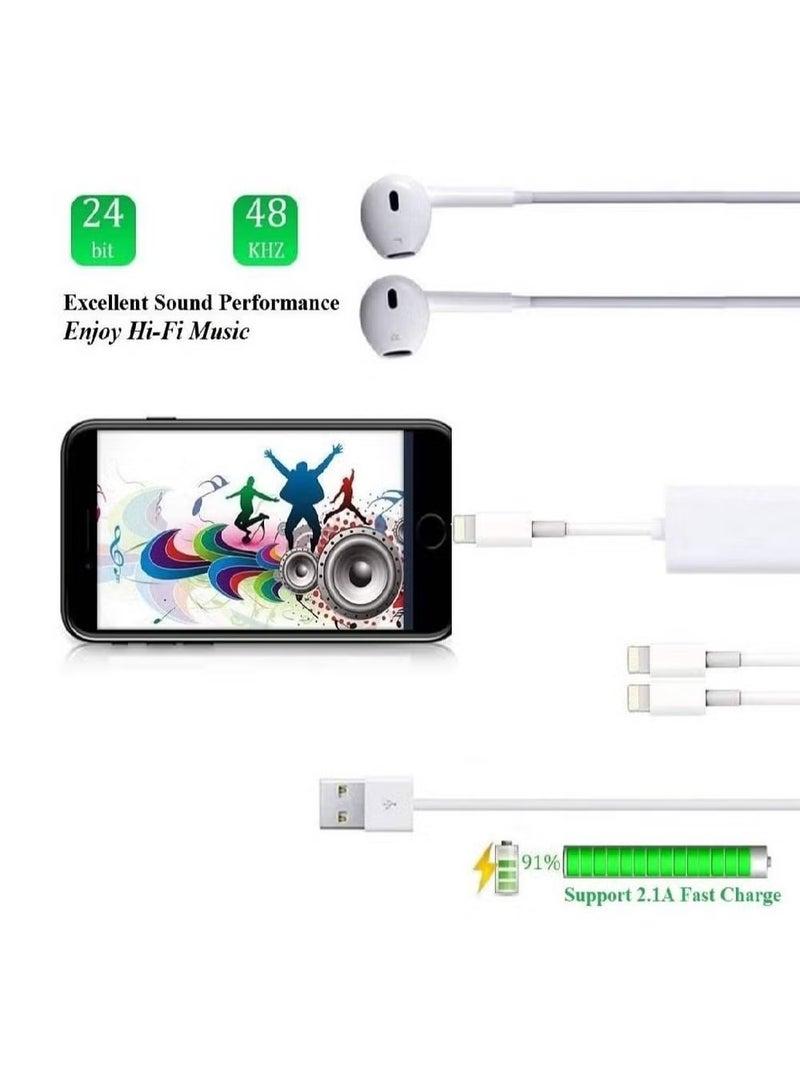 Double Lightning Headphone Splitter, 2 in 1 Dual Lightning Headphone Audio & Charge Cable Compatible for iPhone 12/11/XS/XR/X 8 7/iPad, Support Sync Data + Music Control + Call