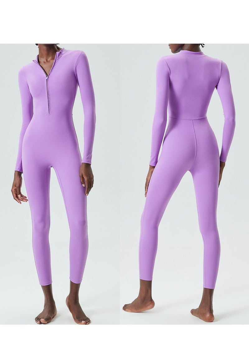 Women's Zipper Tight Fitness Sticky Elastic jumpsuit Quick drying Long Sleeve Open Collar Yoga Dress