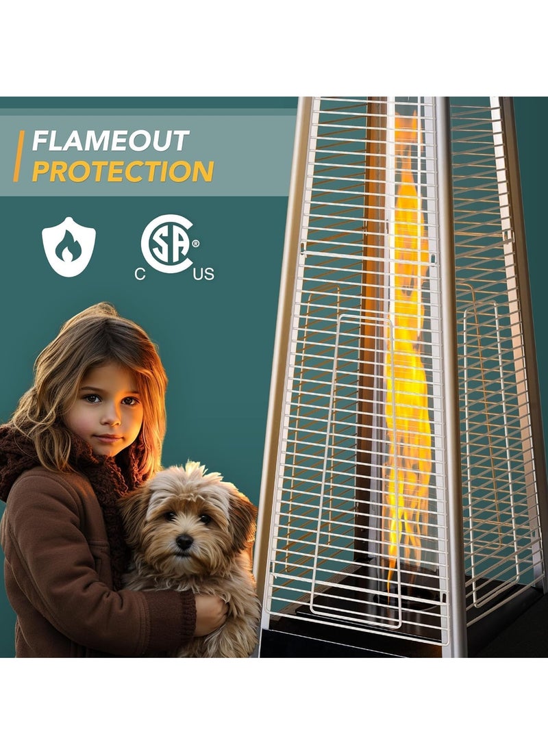 Patio Heater, 48,000 BTU Pyramid Flame Outdoor Heater, Quartz Glass Tube Hammered Bronze Tower Propane Outdoor Heater with Wheels (Black)