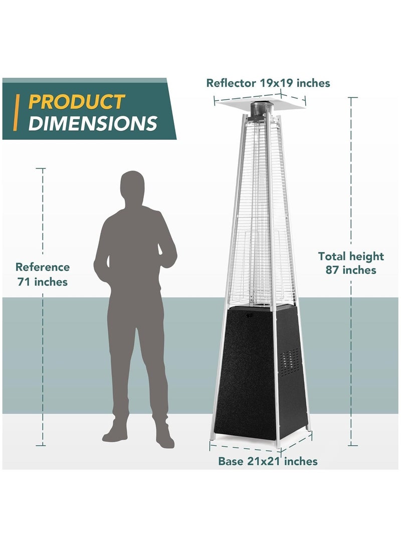 Patio Heater, 48,000 BTU Pyramid Flame Outdoor Heater, Quartz Glass Tube Hammered Bronze Tower Propane Outdoor Heater with Wheels (Black)