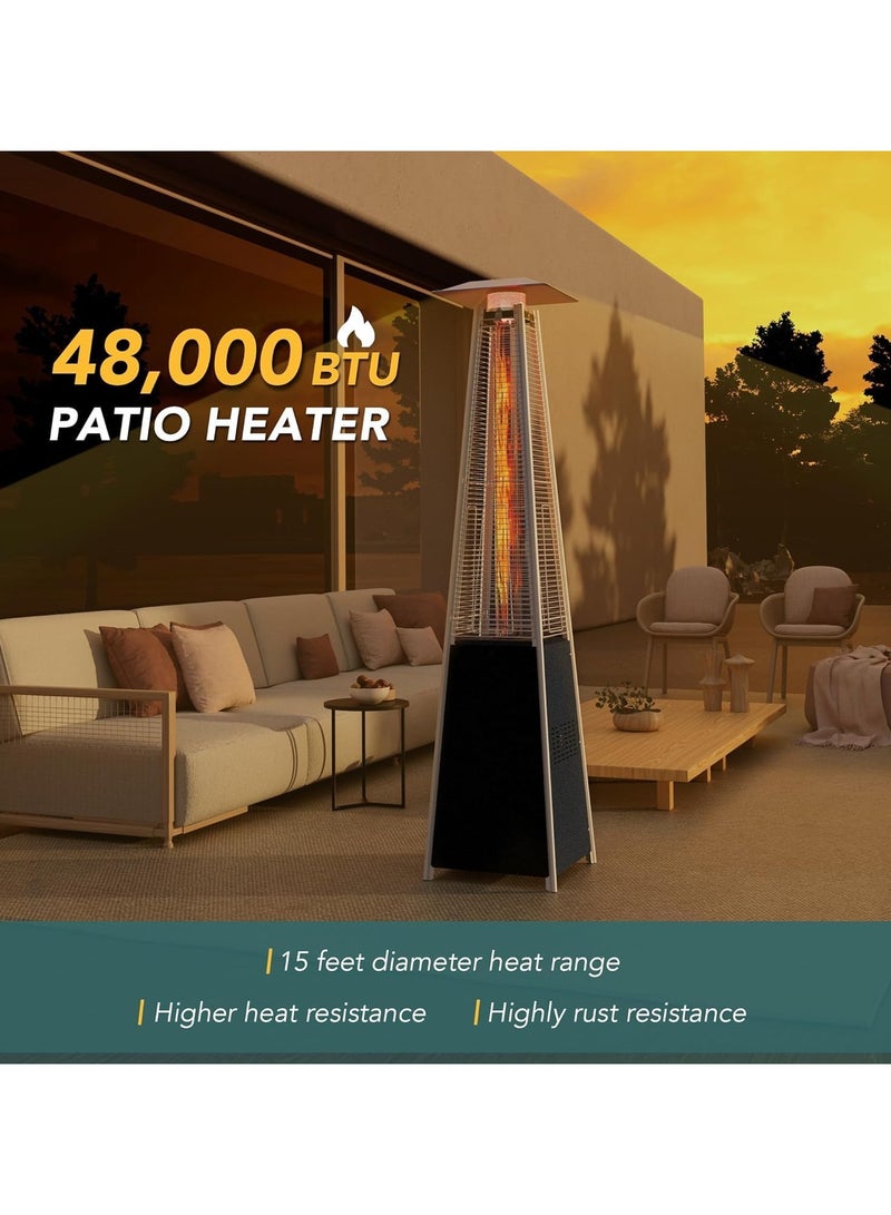 Patio Heater, 48,000 BTU Pyramid Flame Outdoor Heater, Quartz Glass Tube Hammered Bronze Tower Propane Outdoor Heater with Wheels (Black)