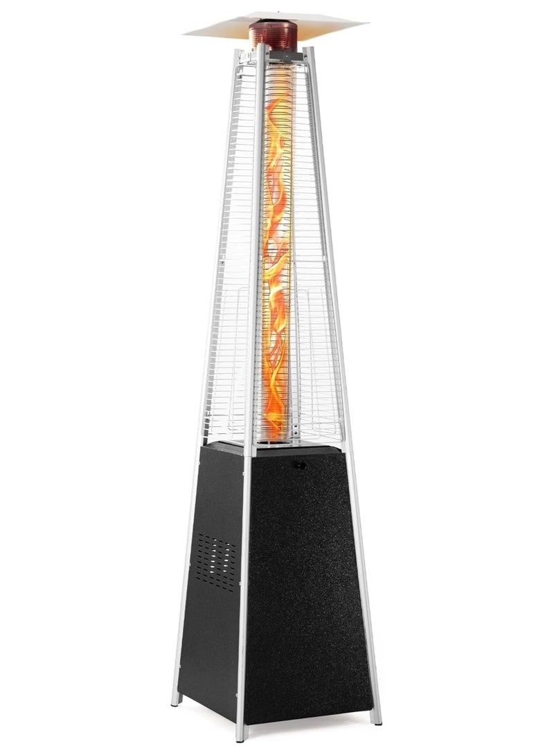 Patio Heater, 48,000 BTU Pyramid Flame Outdoor Heater, Quartz Glass Tube Hammered Bronze Tower Propane Outdoor Heater with Wheels (Black)