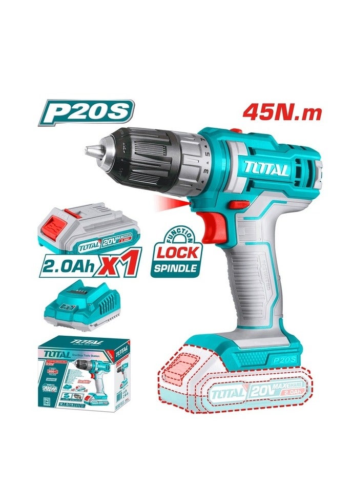Total Lithium-Ion Cordless Power Drill 20V, Drills Machine with 15+1 Torque Settings & Integrated LED Light – Perfect for Home Improvement & DIY Projects - Battery & charger