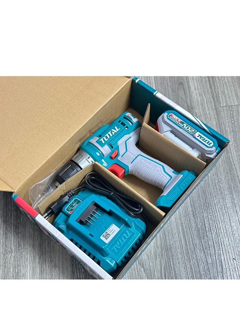 Total Lithium-Ion Cordless Power Drill 20V, Drills Machine with 15+1 Torque Settings & Integrated LED Light – Perfect for Home Improvement & DIY Projects - Battery & charger
