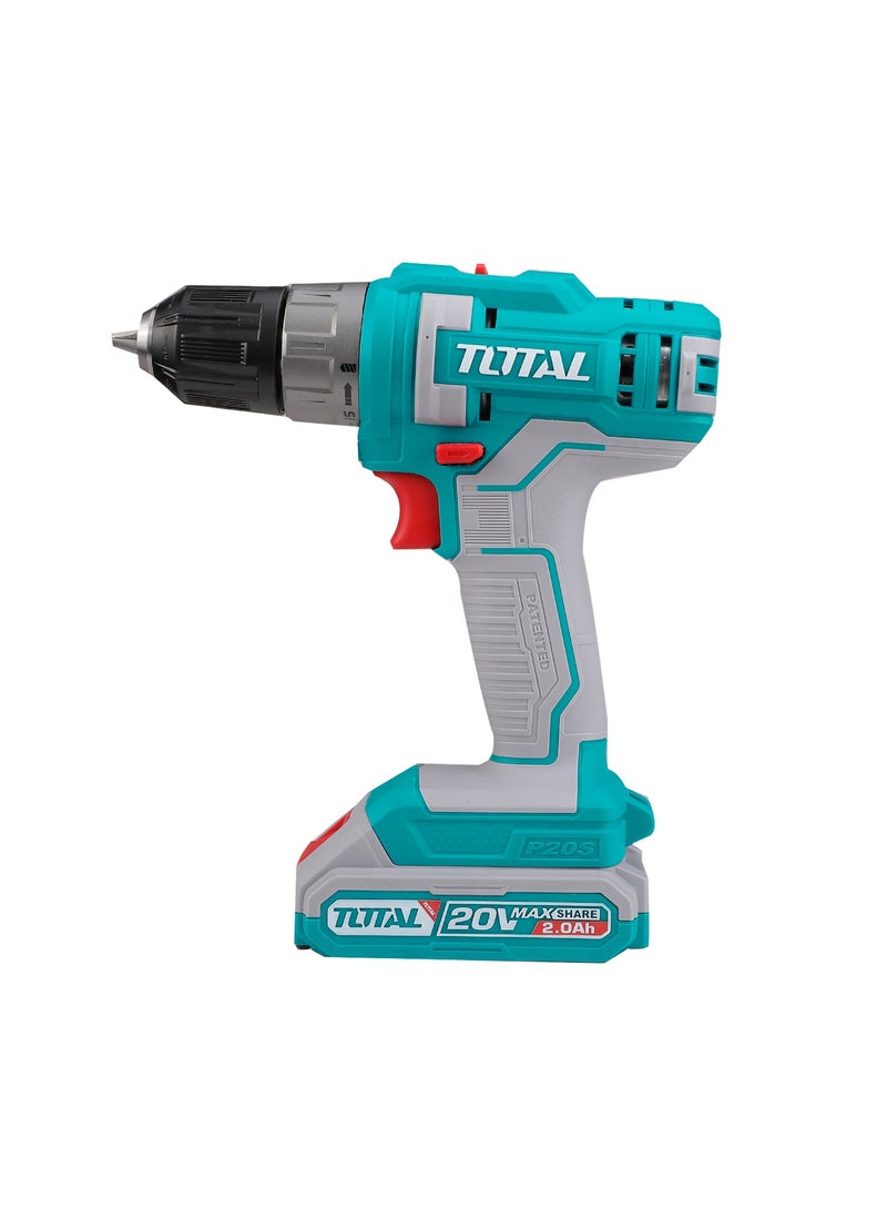 Total Lithium-Ion Cordless Power Drill 20V, Drills Machine with 15+1 Torque Settings & Integrated LED Light – Perfect for Home Improvement & DIY Projects - Battery & charger