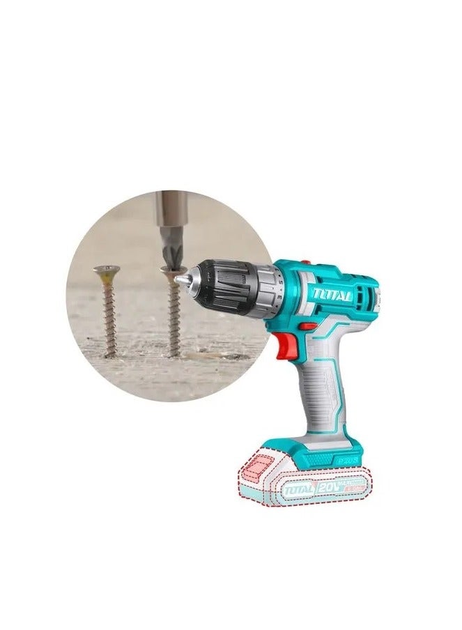 Total Lithium-Ion Cordless Power Drill 20V, Drills Machine with 15+1 Torque Settings & Integrated LED Light – Perfect for Home Improvement & DIY Projects - Battery & charger