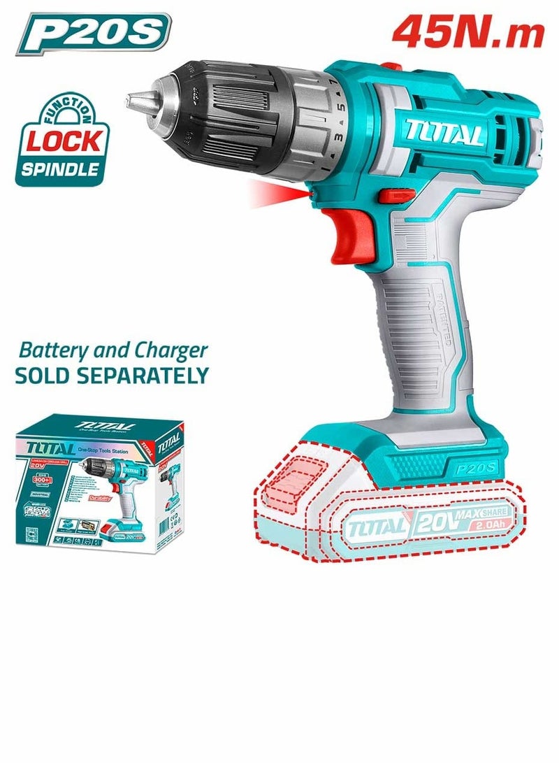 Total Lithium-Ion Cordless Power Drill 20V, Drills Machine with 15+1 Torque Settings & Integrated LED Light – Perfect for Home Improvement & DIY Projects - Battery & charger sold separately