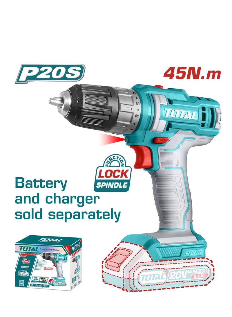 Total Lithium-Ion Cordless Power Drill 20V, Drills Machine with 15+1 Torque Settings & Integrated LED Light – Perfect for Home Improvement & DIY Projects - Battery & charger sold separately