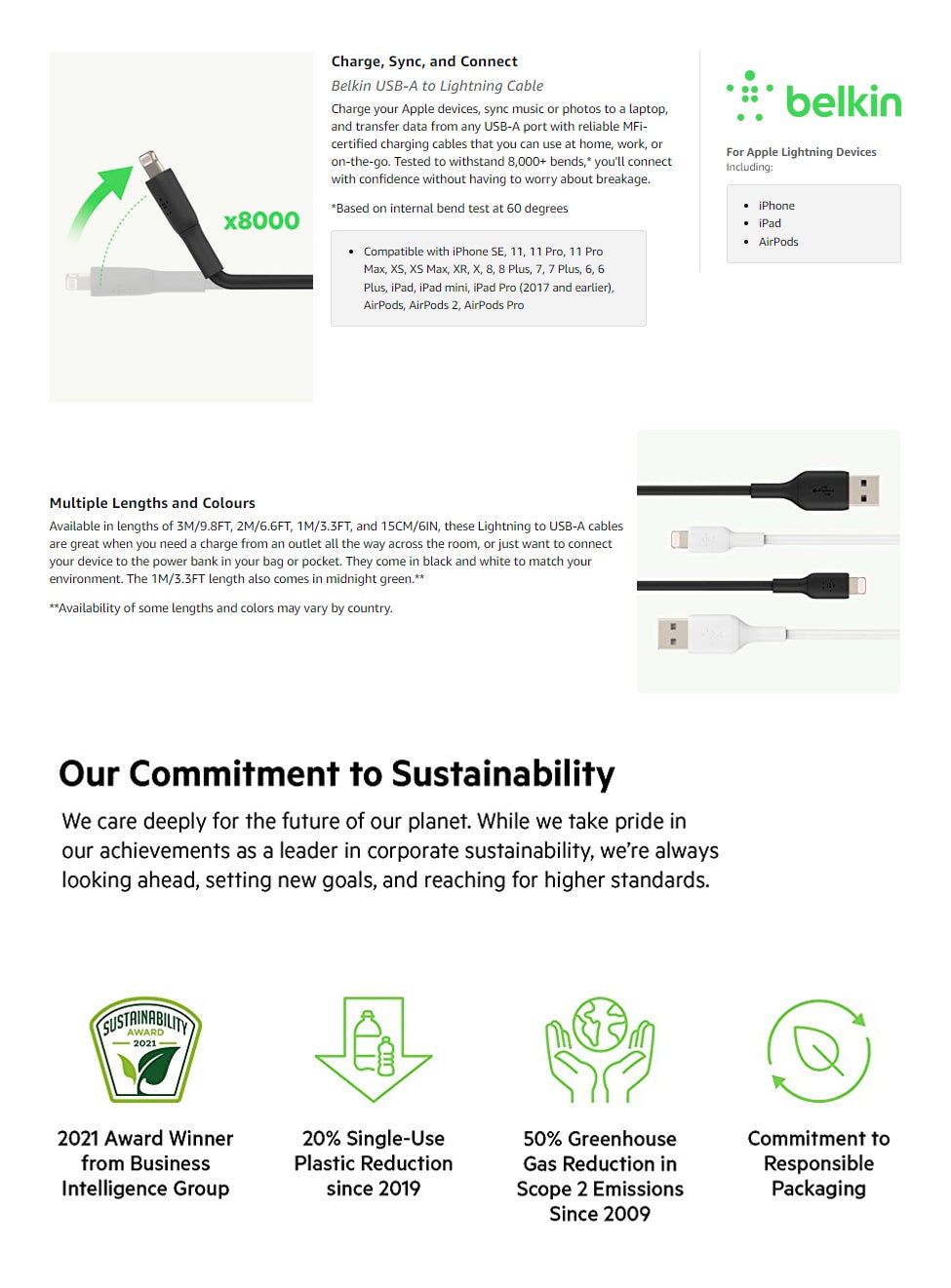 BoostCharge Pro Flex Silicone USB A To Lightning Cable, MFI Certified iPhone Cable 20W Fast Charging Power Delivery For iPhone 15, 14, 13, 12, Pro, Plus, Pro Max, Mini, iPad And More - (1M) White