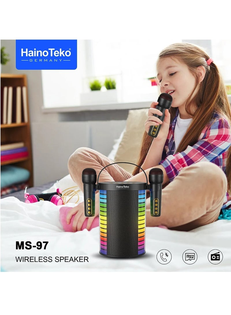Haino Teko MS 97 Portable Wireless Bluetooth Speaker with Microphone, Rechargeable Karaoke Sound System, Waterproof Outdoor Party Speaker with LED Lights, USB, SD, AUX, FM Radio, Mic Combo for Singing, Home, Travel, Events, Music, High Bass & More