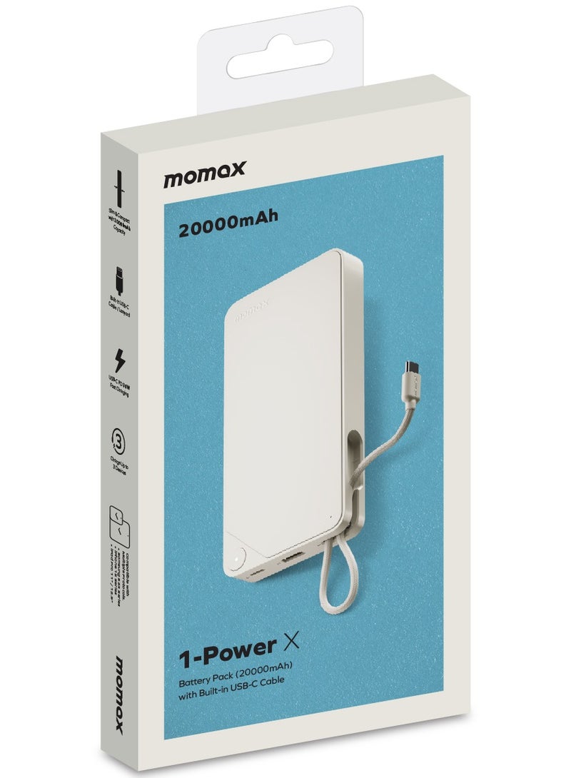 1-Power X Battery Pack 20000 mAh Power Bank with Built-in USB-C PD Cable - White