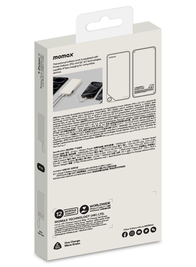 1-Power X Battery Pack 20000 mAh Power Bank with Built-in USB-C PD Cable - White