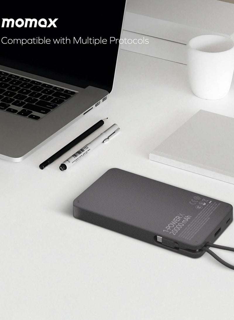 1-Power X Battery Pack 20000 mAh Power Bank with Built-in USB-C PD Cable - White
