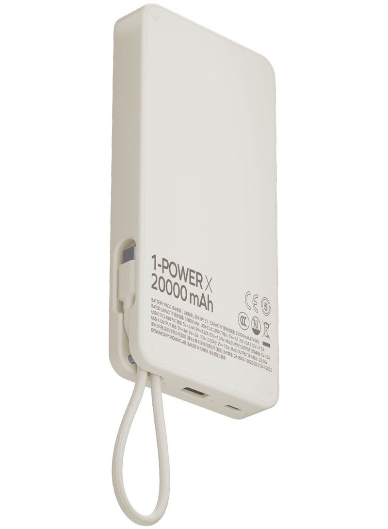 1-Power X Battery Pack 20000 mAh Power Bank with Built-in USB-C PD Cable - White