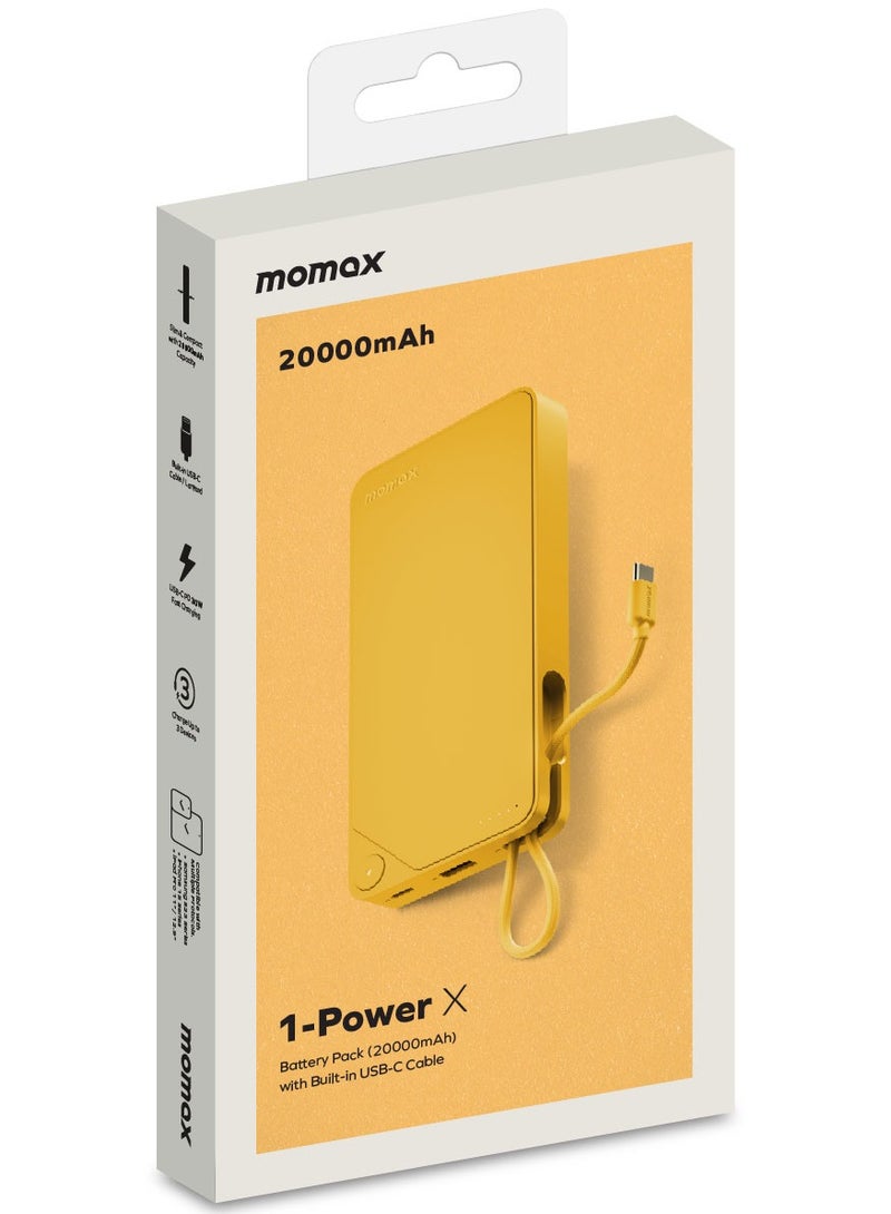 1-Power X Battery Pack 20000 mAh Power Bank with Built-in USB-C PD Cable - Yellow