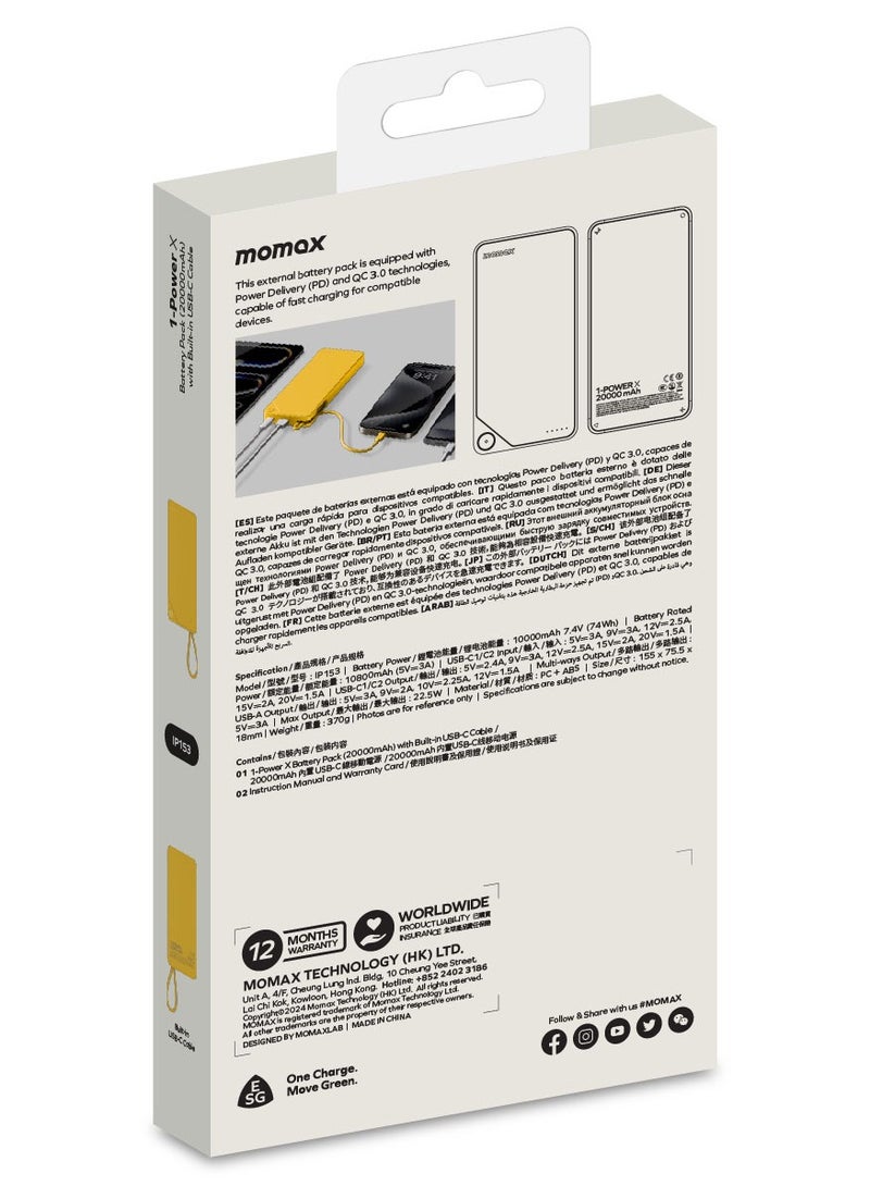 1-Power X Battery Pack 20000 mAh Power Bank with Built-in USB-C PD Cable - Yellow