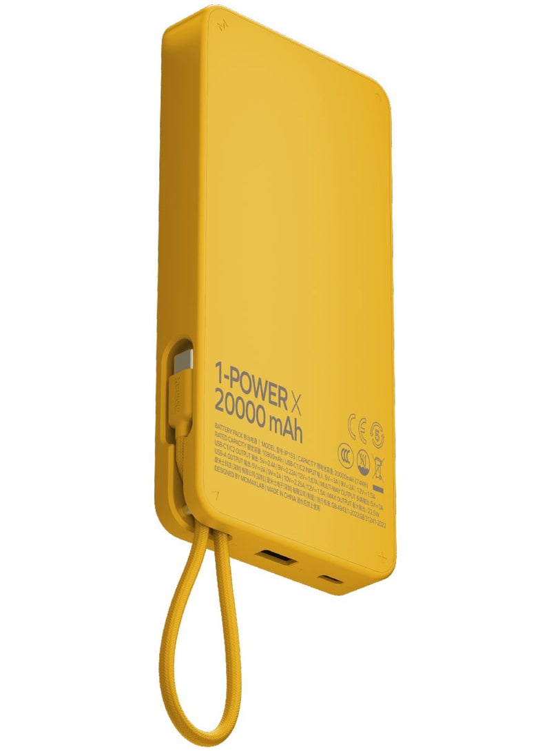 1-Power X Battery Pack 20000 mAh Power Bank with Built-in USB-C PD Cable - Yellow