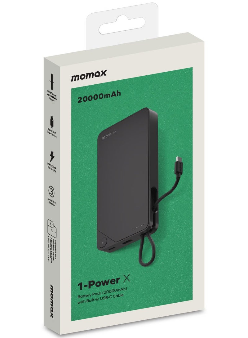 1-Power X Battery Pack 20000 mAh Power Bank with Built-in USB-C PD Cable - Black