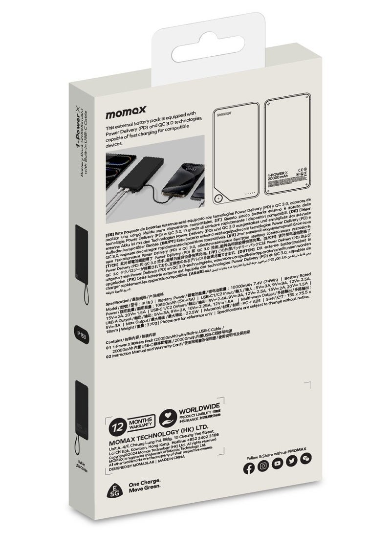 1-Power X Battery Pack 20000 mAh Power Bank with Built-in USB-C PD Cable - Black
