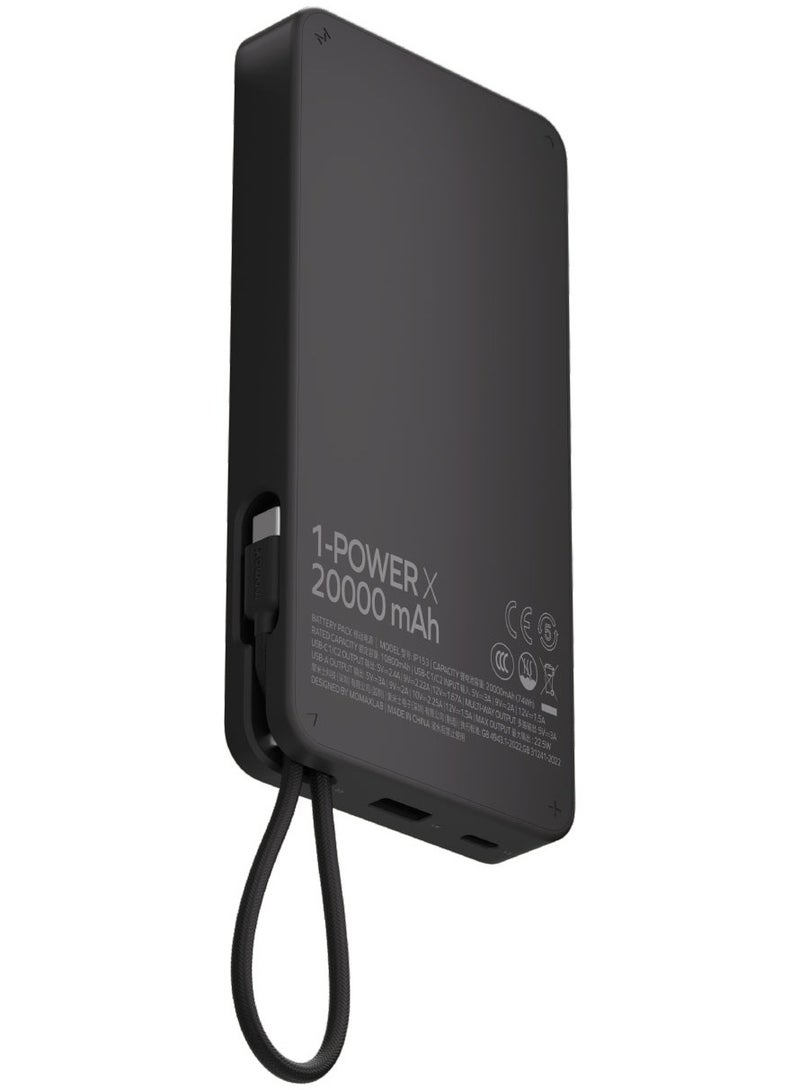 1-Power X Battery Pack 20000 mAh Power Bank with Built-in USB-C PD Cable - Black