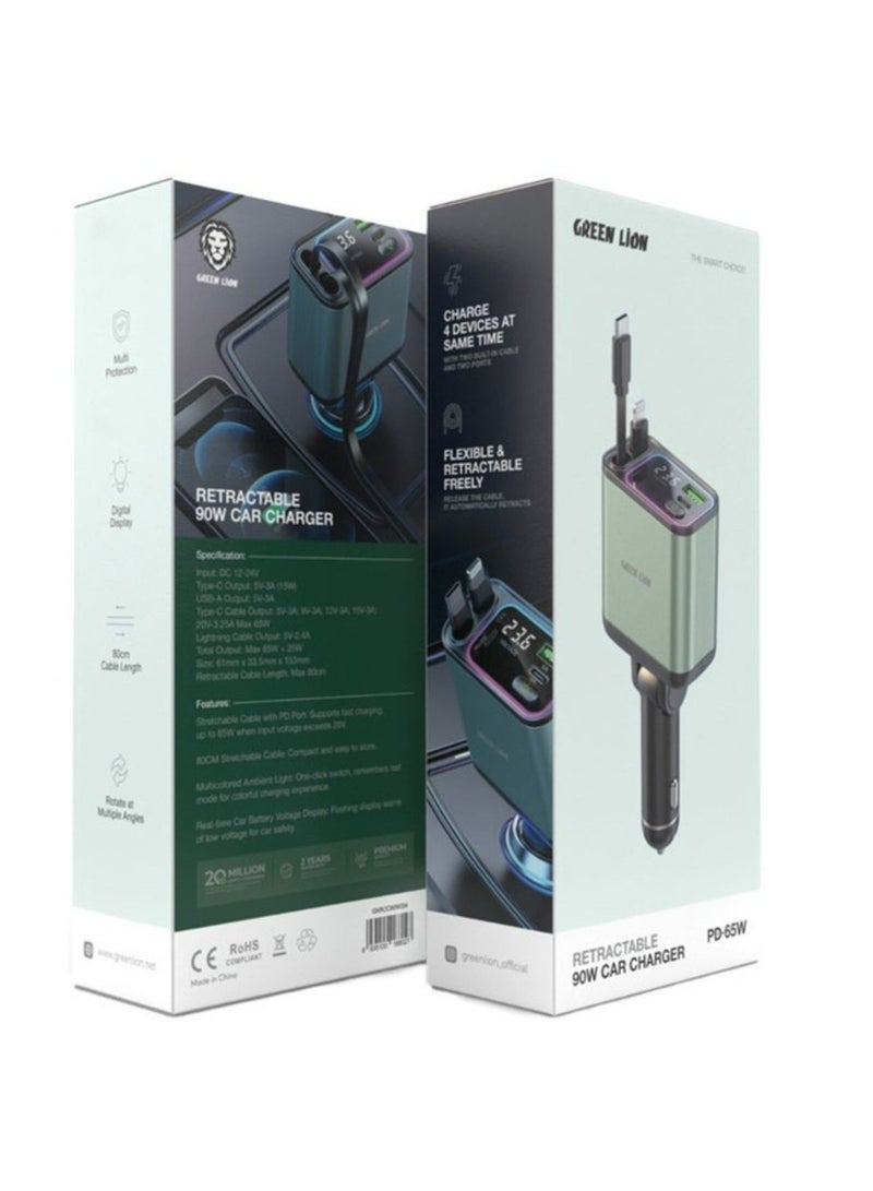 Retractable 90W Car Charger (PD-65W) Multi Protection+Digital Display+ 80cm Cable Length+ Rotate at Multiple Angles_Green