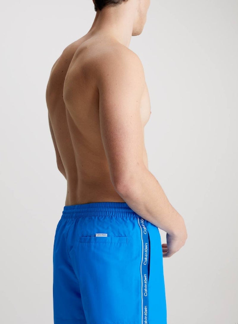 Men's Short Drawstring Swim Shorts - Logo Tape - Polyester, Blue