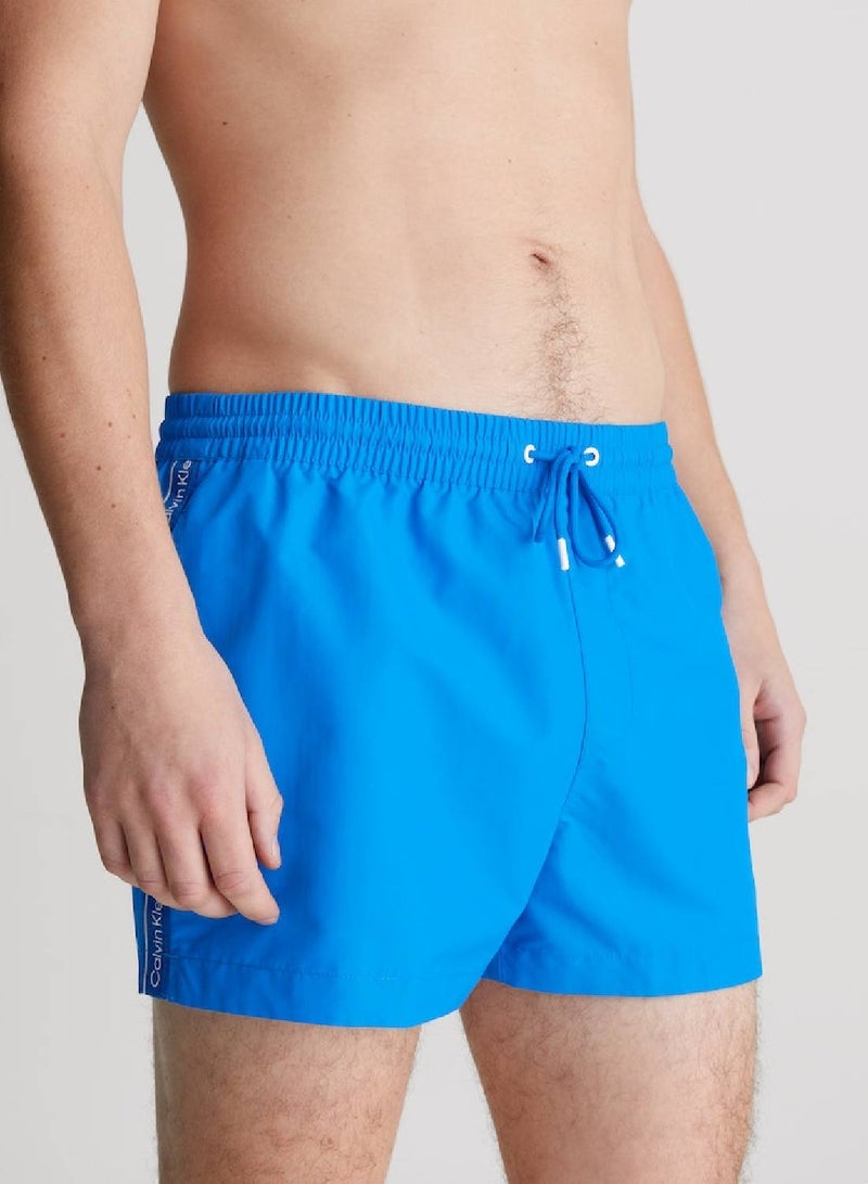 Men's Short Drawstring Swim Shorts - Logo Tape - Polyester, Blue