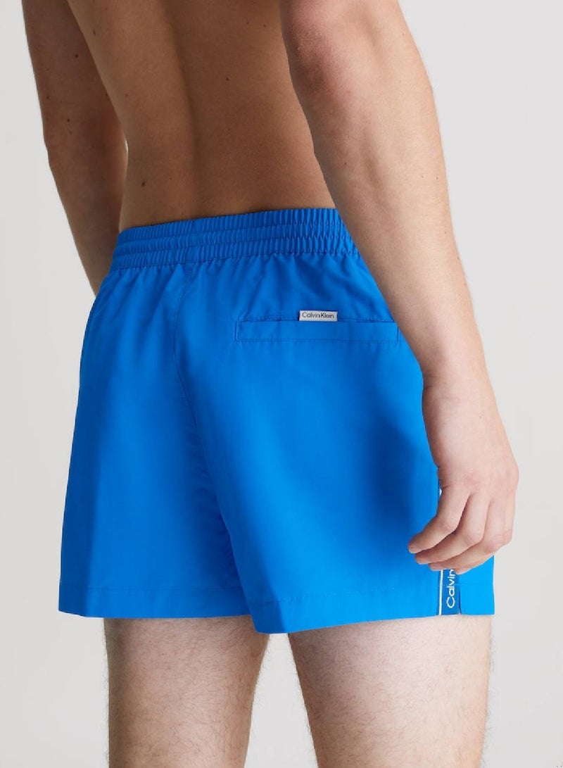 Men's Short Drawstring Swim Shorts - Logo Tape - Polyester, Blue