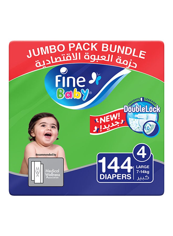 Diapers, Size 4, 7-14 Kg, 144 Count-Large, Jumbo Pack With New Double Lock Leak Barriers