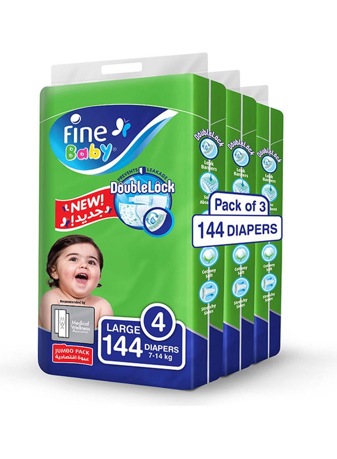 Diapers, Size 4, 7-14 Kg, 144 Count-Large, Jumbo Pack With New Double Lock Leak Barriers