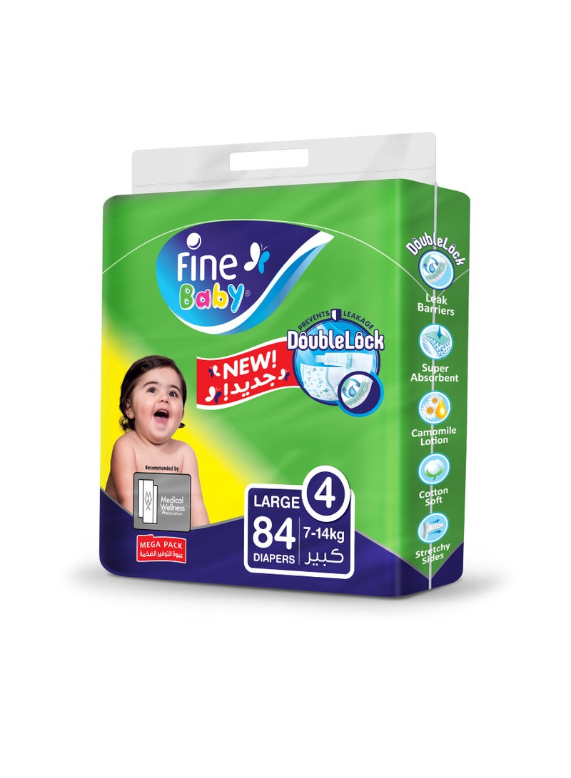 Double Lock Diapers, Size 4, Large, 7-14 Kg, Mega Pack, 84 Count