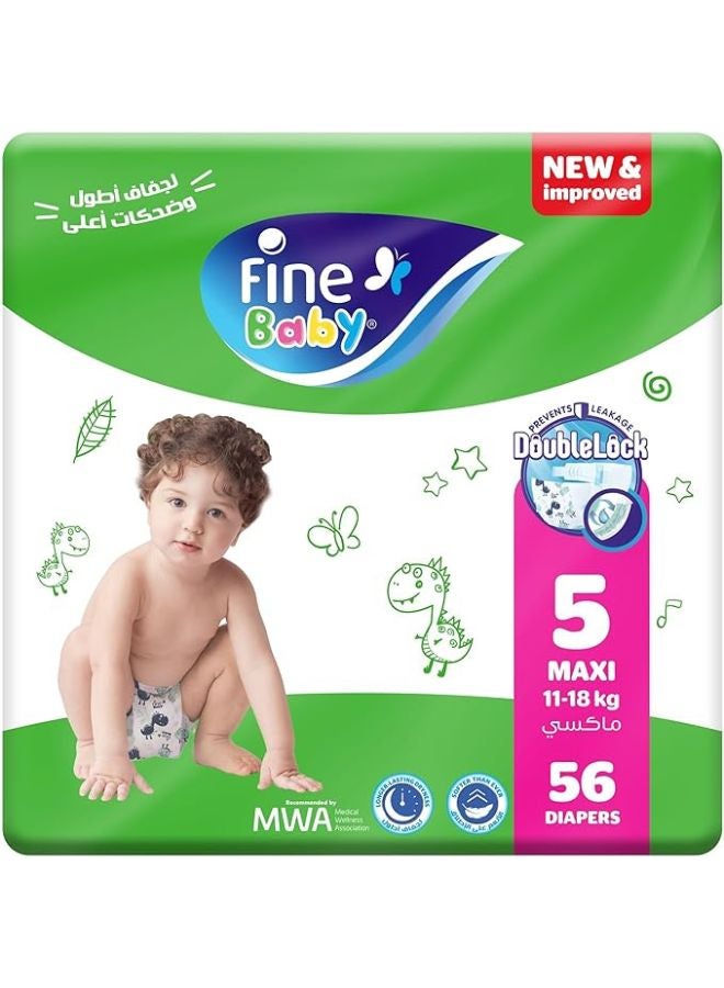 Baby Diapers, Size 5, 11-18Kg, 56 Diapers With New And Improved Technology