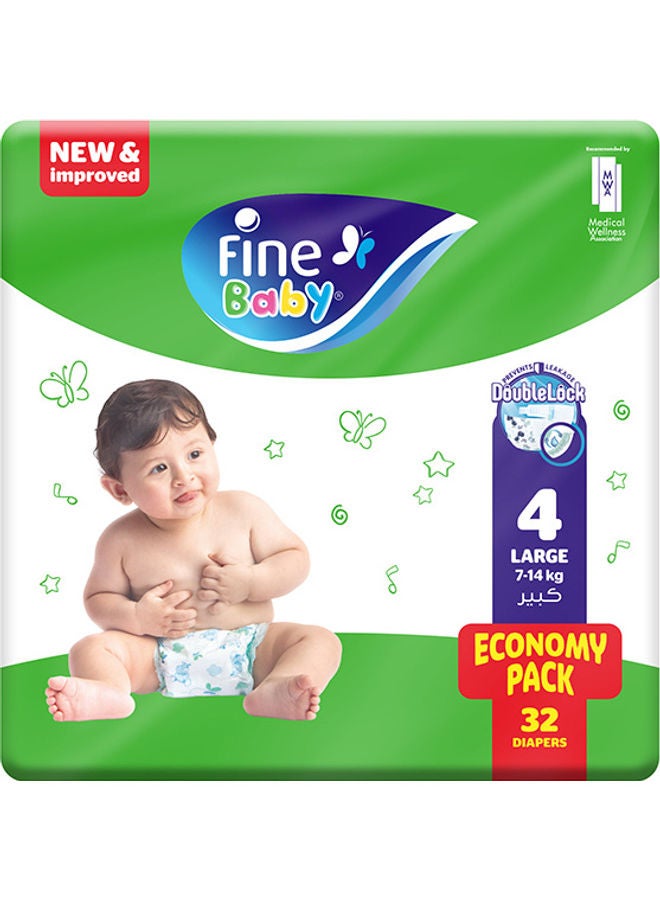 Baby Diapers Size 4 (7-14Kg) Large, 32 Count  With The New Double Lock Leak Barriers