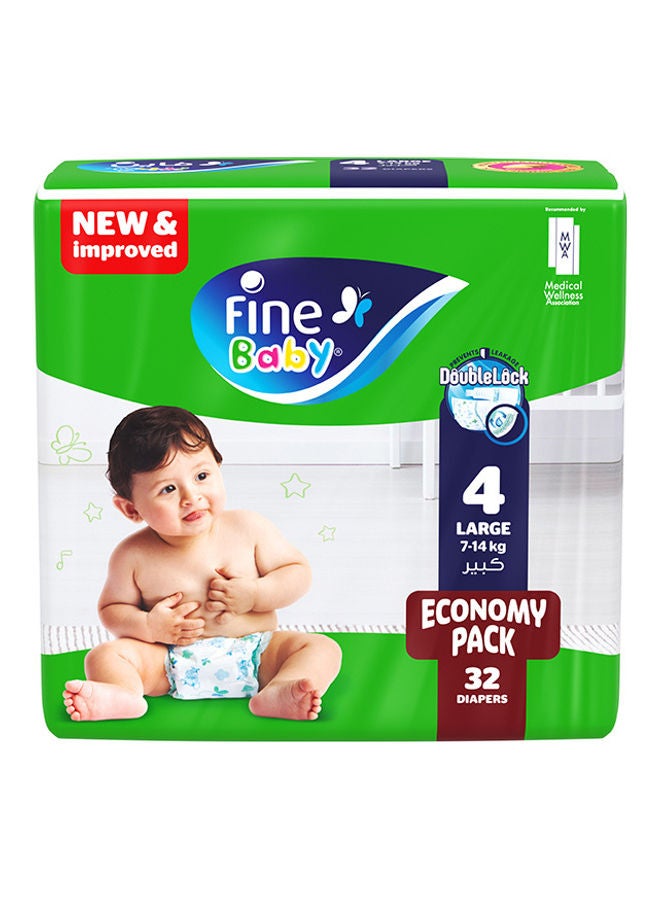 Baby Diapers Size 4 (7-14Kg) Large, 32 Count  With The New Double Lock Leak Barriers