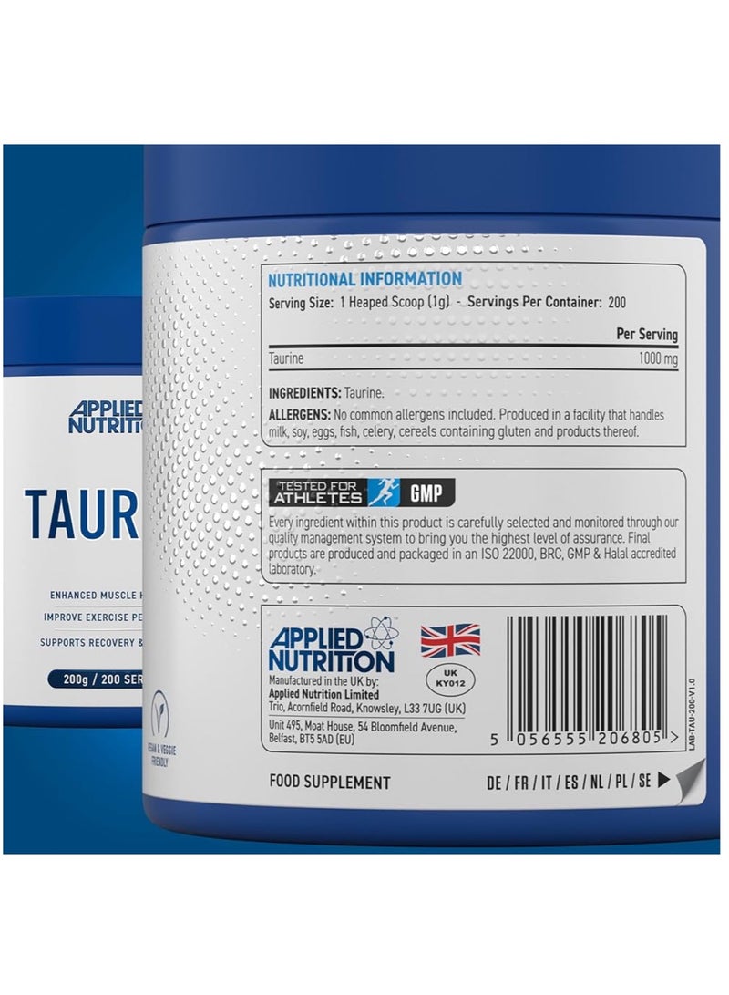 Taurine Powder 1000mg - Pure & Natural Supplement for Enhanced Muscle Hydration, Recovery & Endurance, 200g Unflavored