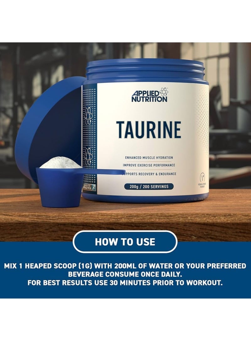 Taurine Powder 1000mg - Pure & Natural Supplement for Enhanced Muscle Hydration, Recovery & Endurance, 200g Unflavored