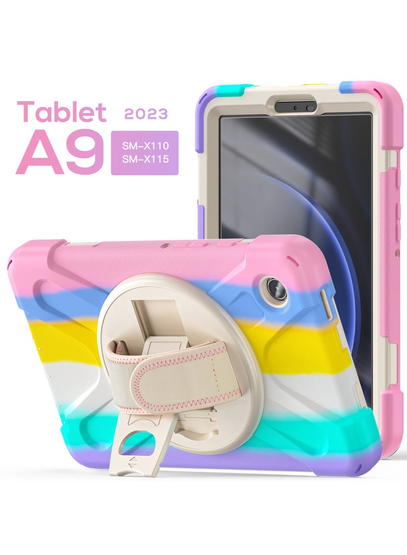 Samsung Galaxy Tab A9 Case 8.7 Inch 2023 SM-X110/X115/X117 for Kids with Screen Protector | Heavy Duty Shockproof Case with Rotating Stand Hand Strap for Galaxy Tab A9 Tablet 2023