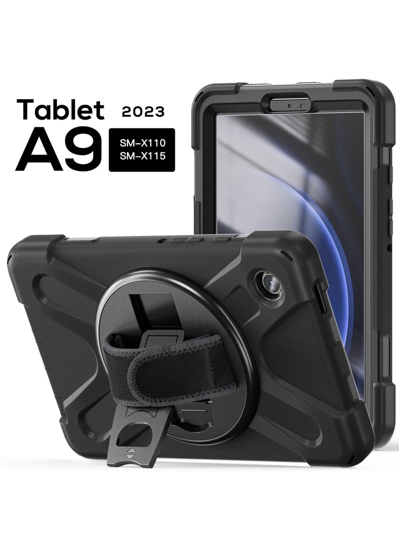 Samsung Galaxy Tab A9 Case 8.7 Inch 2023 SM-X110/X115/X117 for Kids with Screen Protector | Heavy Duty Shockproof Case with Rotating Stand Hand Strap for Galaxy Tab A9 Tablet 2023