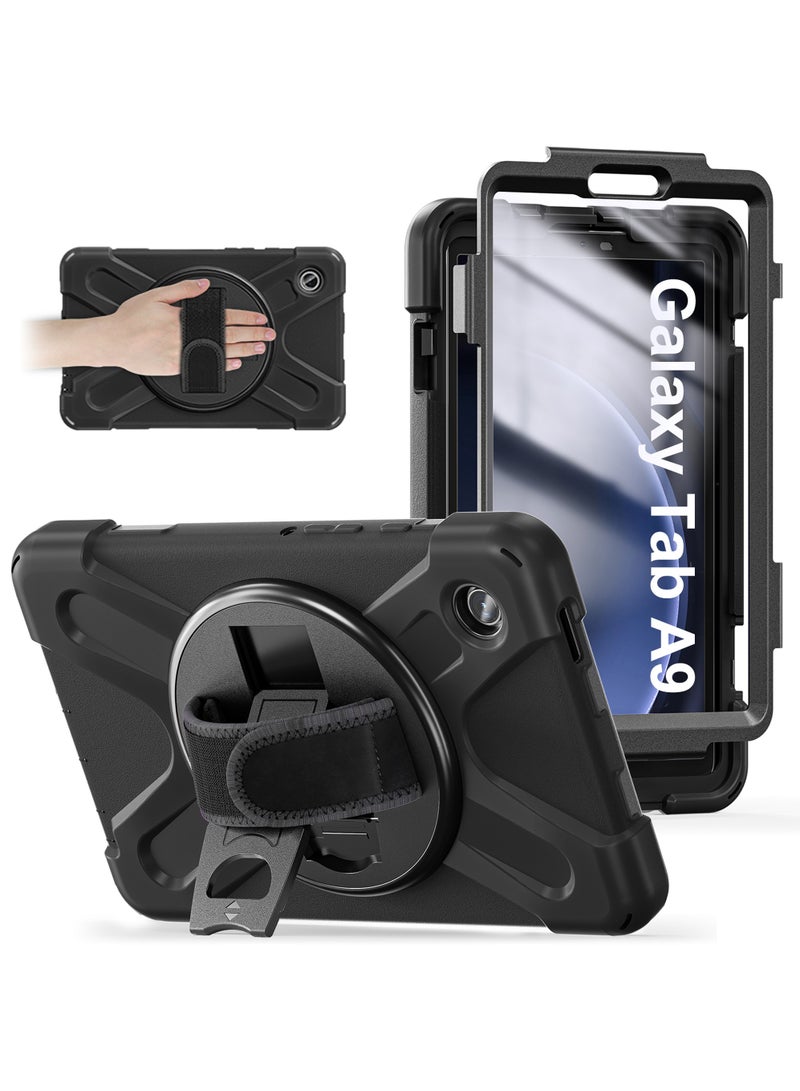 Samsung Galaxy Tab A9 Case 8.7 Inch 2023 SM-X110/X115/X117 for Kids with Screen Protector | Heavy Duty Shockproof Case with Rotating Stand Hand Strap for Galaxy Tab A9 Tablet 2023