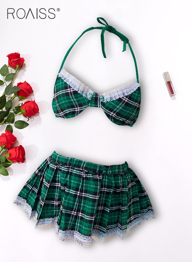 2Pcs Uniform Underwear Set for Women Lace Edge Plaid Halterneck Lingerie and Elastic Waistband Mini Upskirt Ladies Sailor Suit Lingerie Suit Cosplay Costumes Schoolgirl Outfit