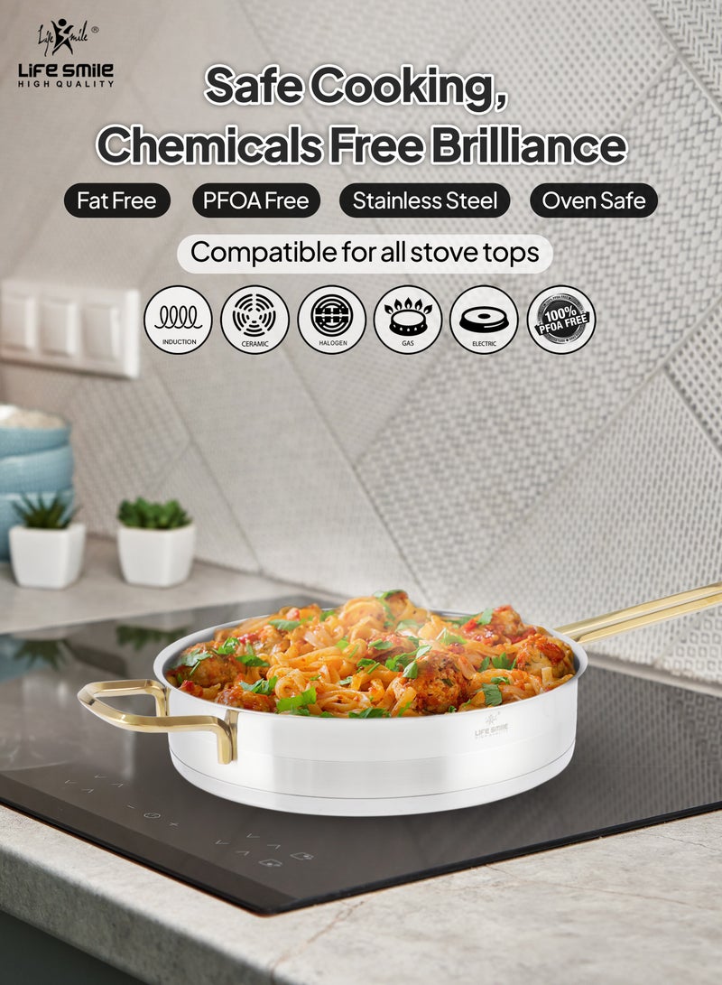 32cm (5.5 Liter) LIFE SMILE Frying pan with Lid Big Size - 18/10 Pure Stainless Steel - Induction Base Double Handle Fry Pan - Non-Toxic, 100% PFOA, PTFE & PFOS Free - Oven Safe Saute Pan