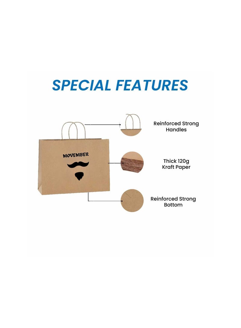 Movember Eco-Friendly A3 Brown Kraft Paper Gift Bags With Mustache Design–Durable And Reusable Bags With Handles–Perfect For Gifts And Movember Campaigns