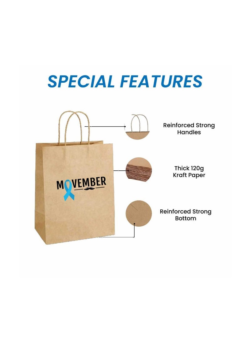 Movember Eco-Friendly A4 Brown Kraft Paper Gift Bags With Mustache Design–Durable And Reusable Bags With Handles–Perfect For Gifts And Movember Campaigns