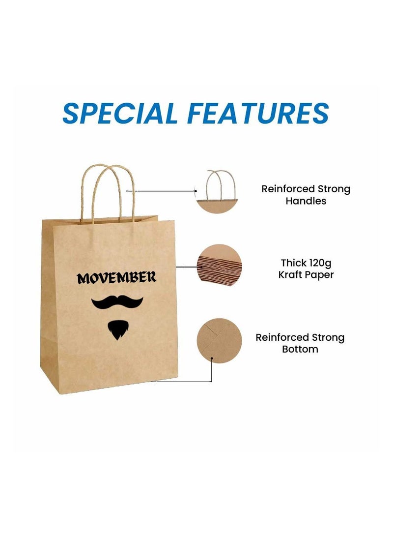 Movember Eco-Friendly A4 Brown Kraft Paper Gift Bags With Mustache Design–Durable And Reusable Bags With Handles–Perfect For Gifts And Movember Campaigns