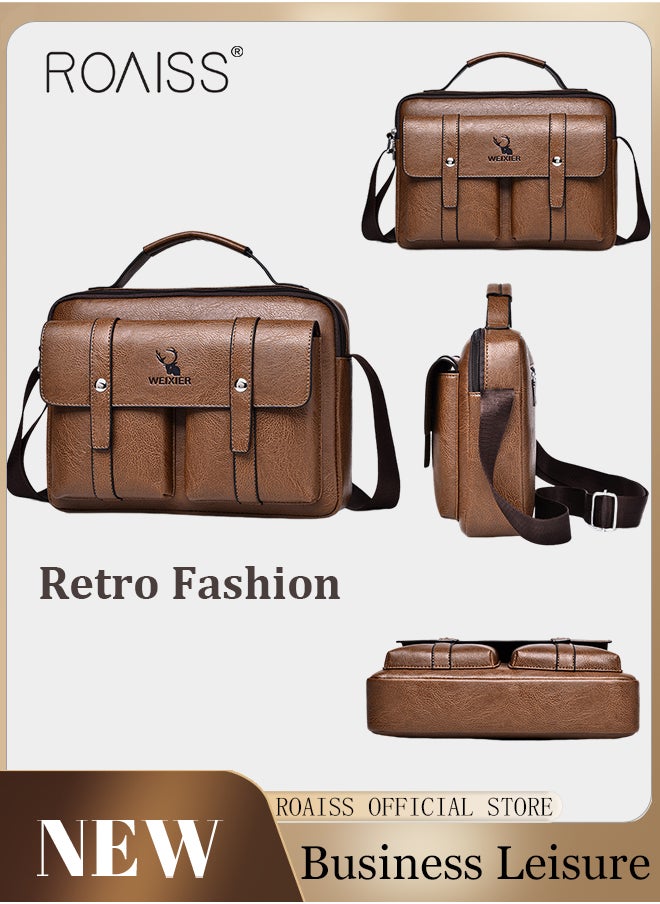 Men Business Leather Crossbody Bag Vertical Type Square Type Shoulder Bag Men Zipper Buckle Leather Messenger Bag Crossbody Shoulder Bag Vintage Handle Bags