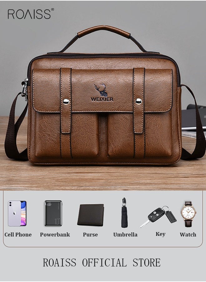 Men Business Leather Crossbody Bag Vertical Type Square Type Shoulder Bag Men Zipper Buckle Leather Messenger Bag Crossbody Shoulder Bag Vintage Handle Bags