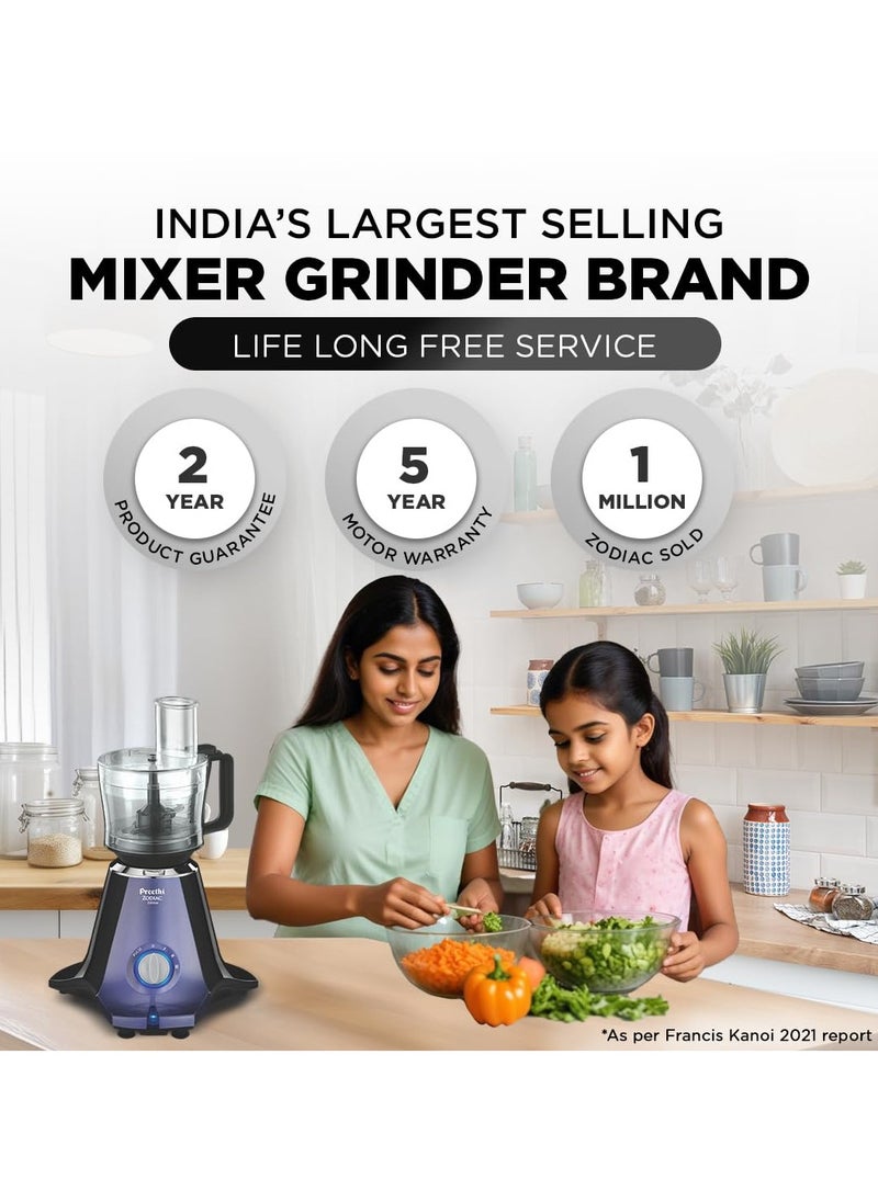 Preethi Zodiac Glitter MG 264, 750 Watt Mixer Grinder, 5 Jars (3 Stainless steel Jars +1 Juicer Jar+1 Master Chef Plus Food processor Jar), Lavender/Black