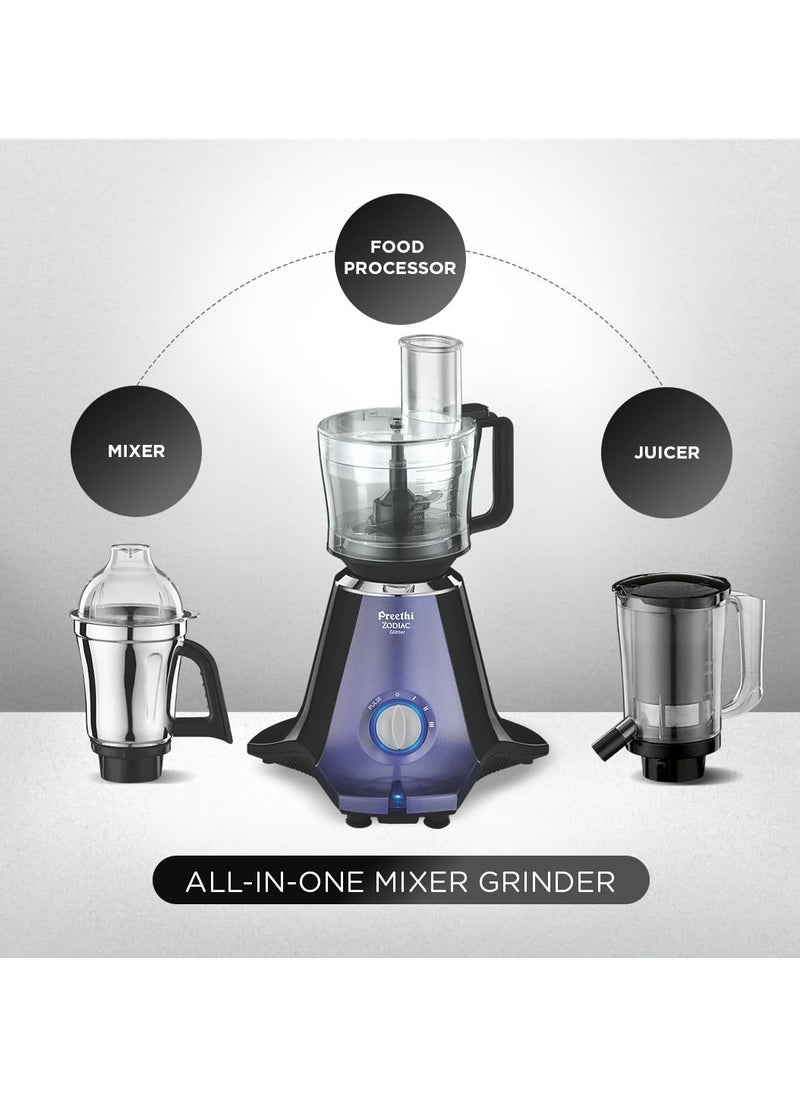 Preethi Zodiac Glitter MG 264, 750 Watt Mixer Grinder, 5 Jars (3 Stainless steel Jars +1 Juicer Jar+1 Master Chef Plus Food processor Jar), Lavender/Black